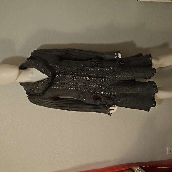 VTG FORLA PARIS 1990s Wool Fur Trim Rosette Longline Sweater Cardigan - Picture 3 of 14